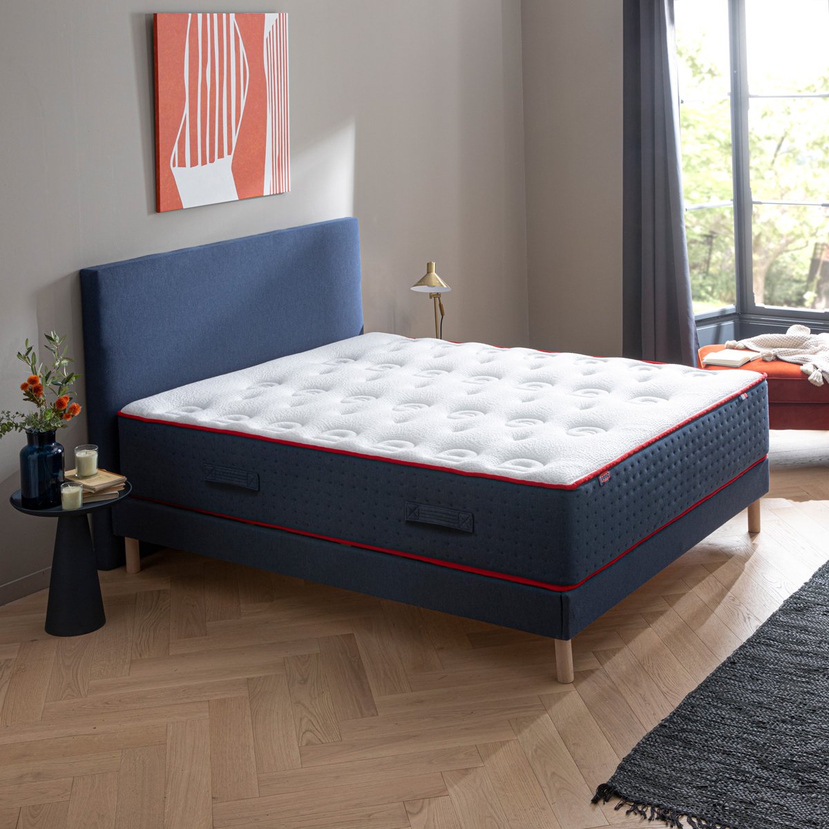 Ensemble Lit - Matelas LE VERITABLE mi-ferme + sommier + tête de lit - Bleu