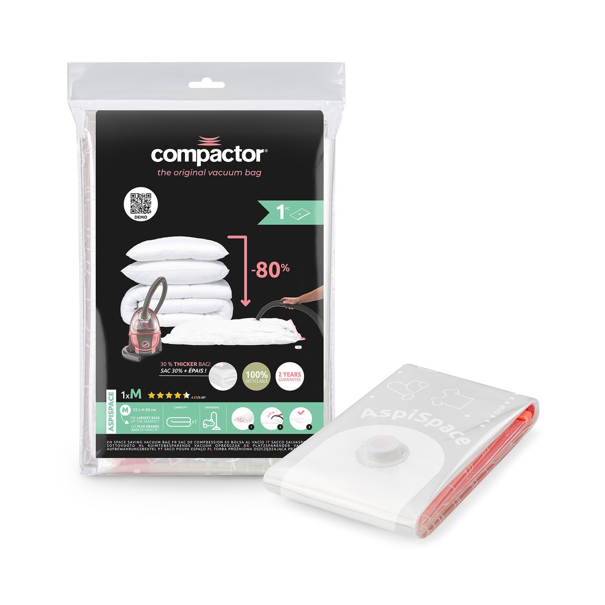 Sac de rangement sous-vide taille M – 55 x 90 cm – capacité couette 1 personne