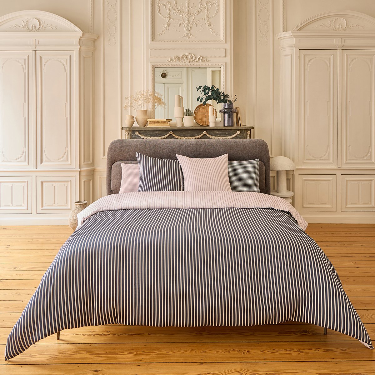 Pack housse de couette + taie(s) d'oreiller Baudouin Bleu nuit/Lilas