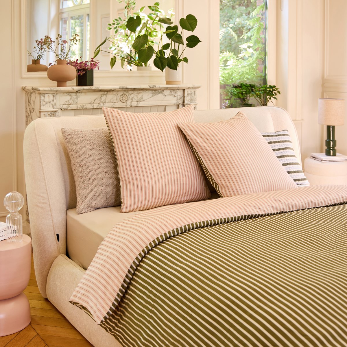 Pack housse de couette + taie(s) d'oreiller Baudouin vert/rose