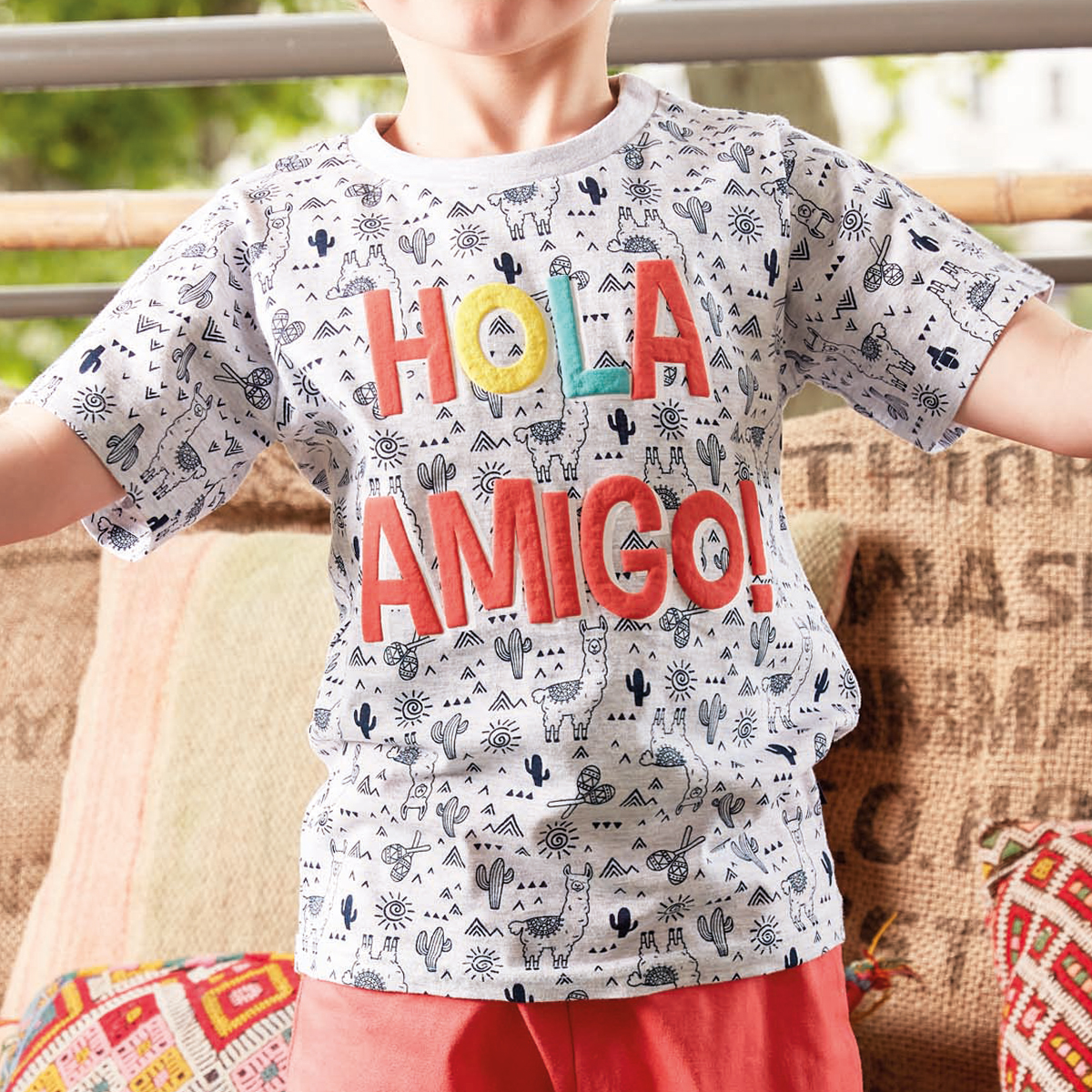 Pyjashort garçon HOLA AMIGO gris chiné imprimé/corail 