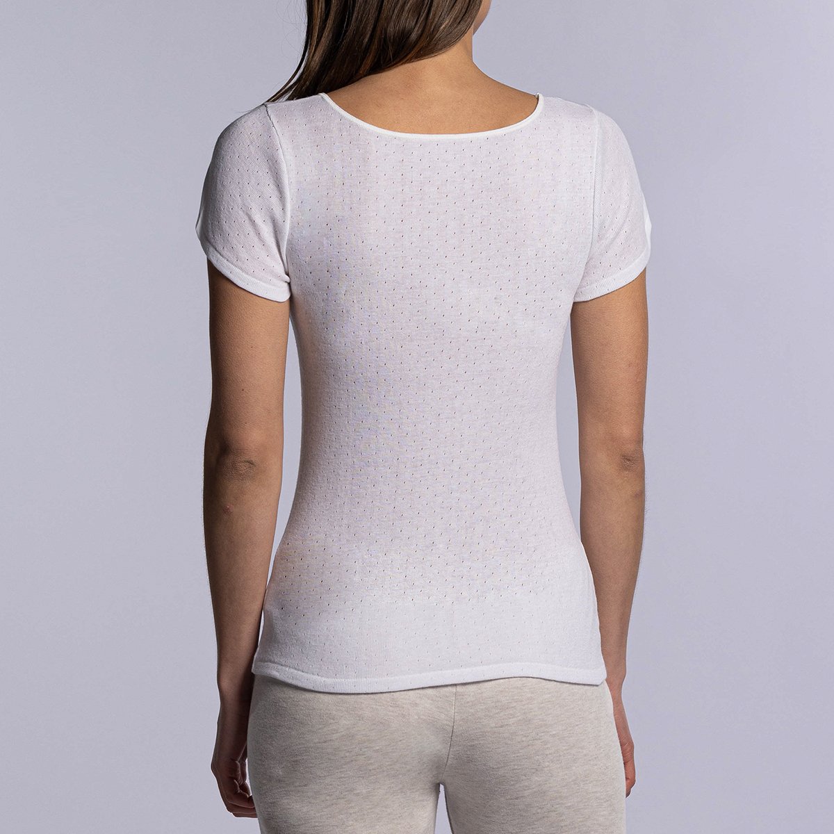 T-shirt manches courtes thermique femme blanc pointelle