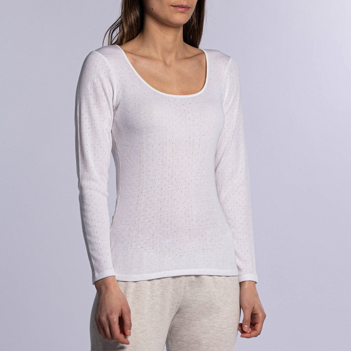 T-shirt manches longues thermique femme blanc pointelle