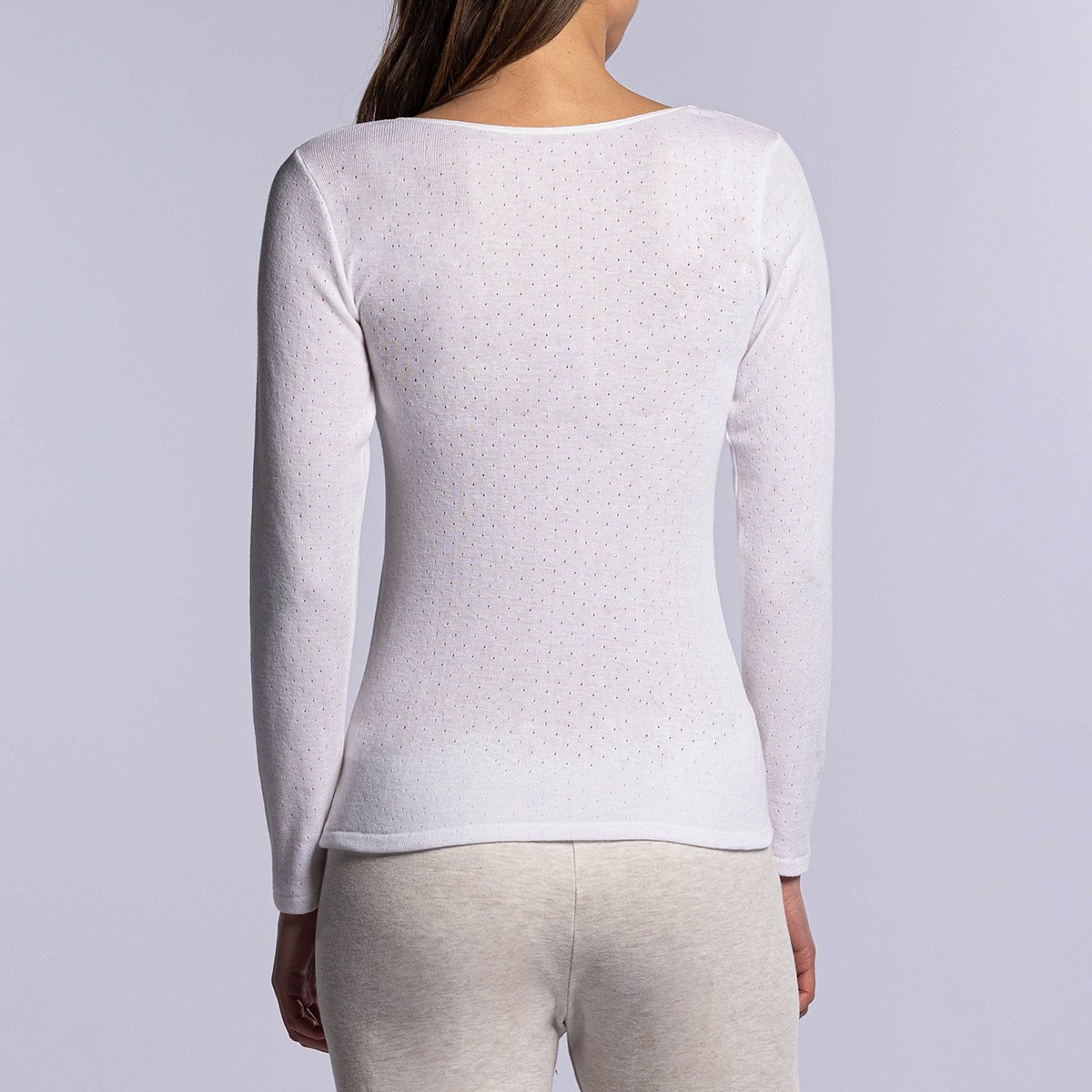T-shirt manches longues thermique femme blanc pointelle