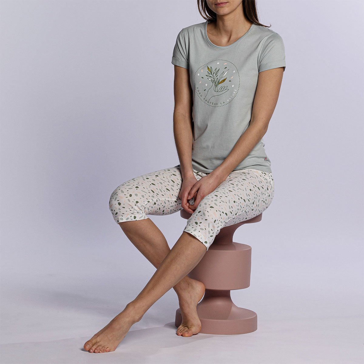 Pyjama court femme TERRE vert clair/imprimé