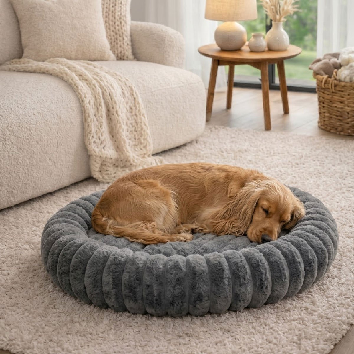 Panier chien et chat moelleux rond – coloris gris