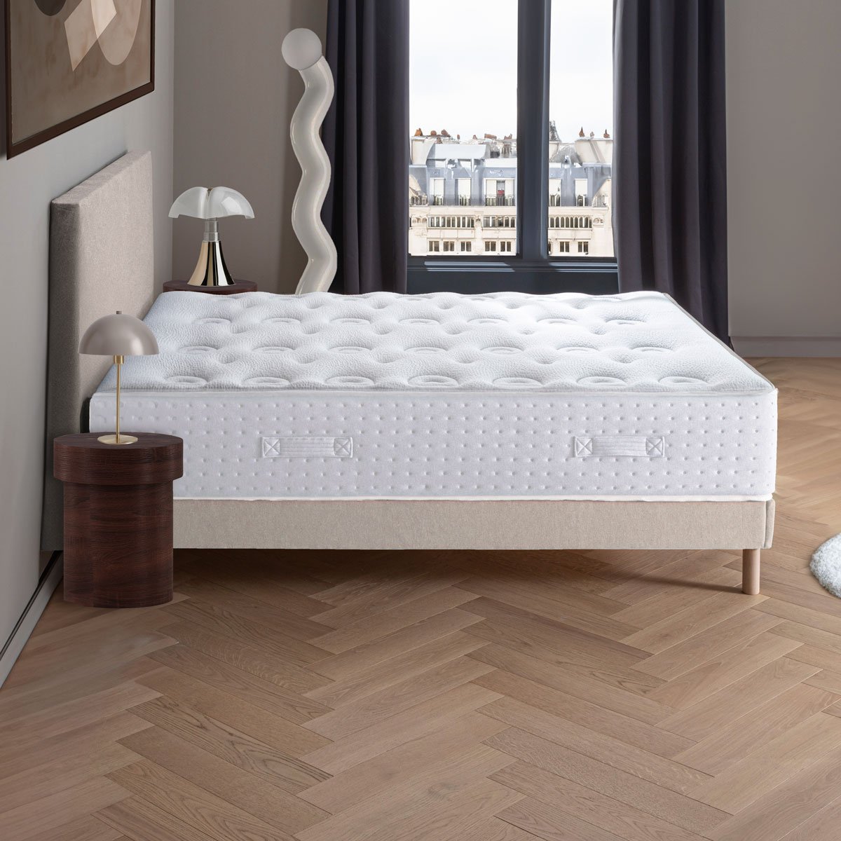 Ensemble Lit - Matelas LE VERITABLE ferme + sommier + Tête de lit - Blanc/Beige