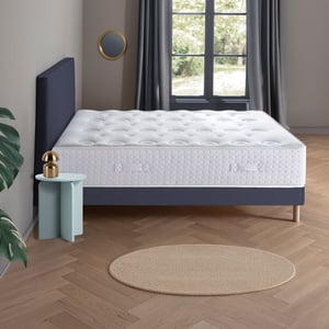 Ensemble Lit - Matelas LE VERITABLE mi-ferme + sommier + Tête de lit - Blanc/Bleu