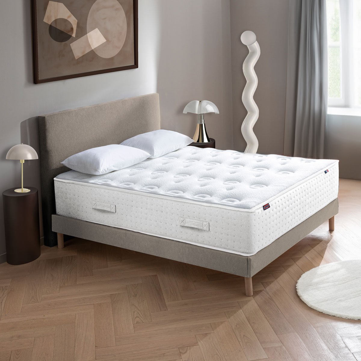 Ensemble Lit - Matelas LE VERITABLE ferme + sommier + Tête de lit - Blanc/Beige