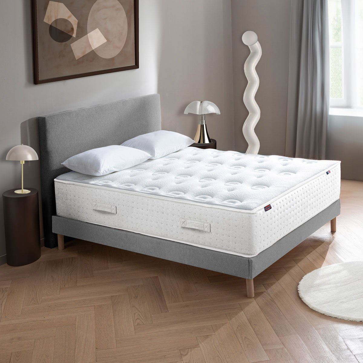 Ensemble Lit - Matelas LE VERITABLE mi-ferme + sommier + Tête de lit - Blanc/Gris