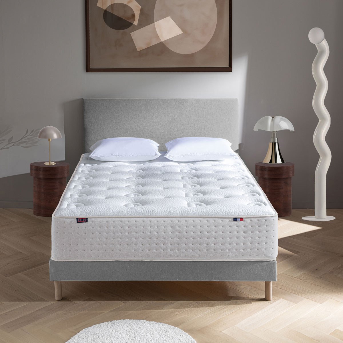 Ensemble Lit - Matelas LE VERITABLE mi-ferme + sommier - Blanc/Gris