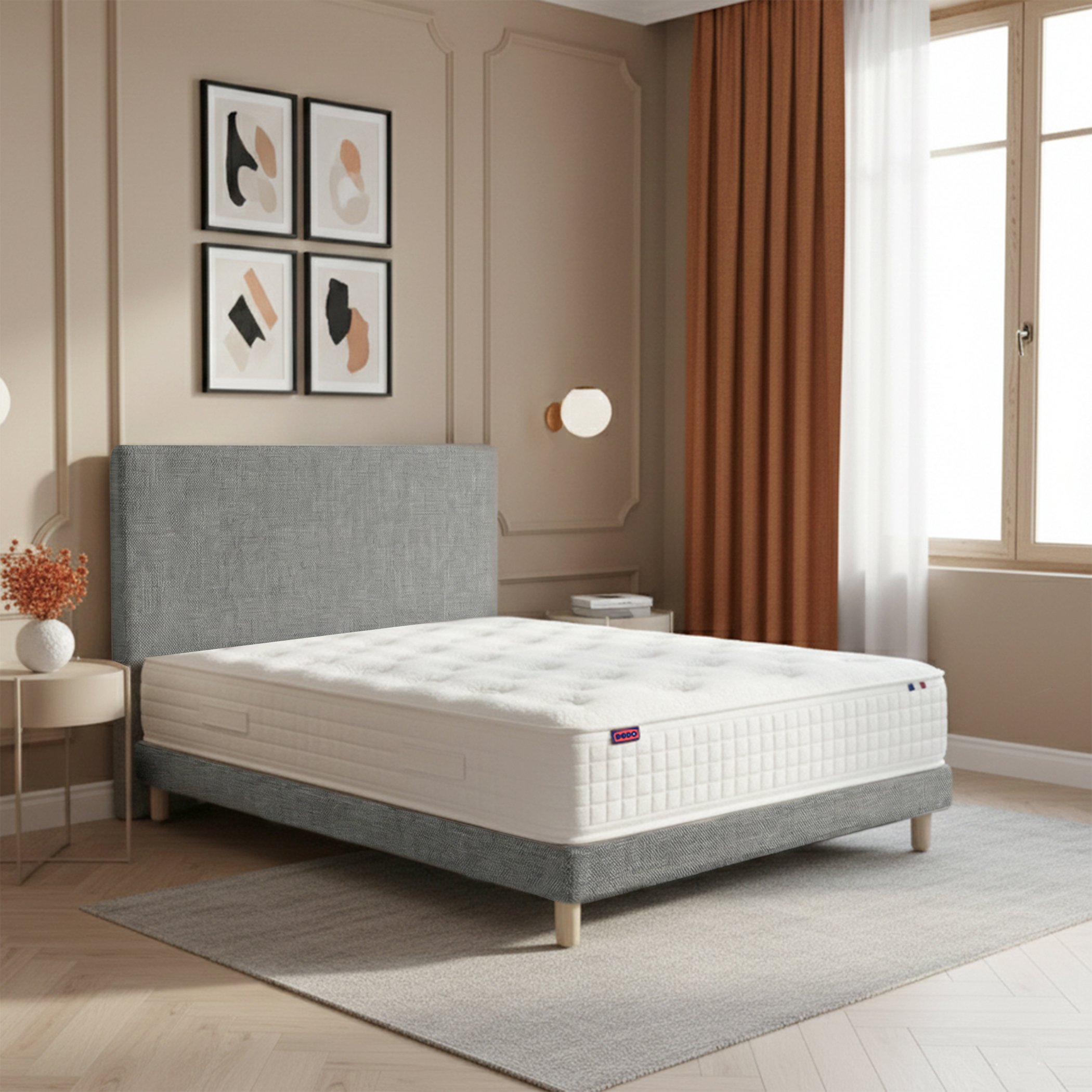 Ensemble lit - Matelas PLÉNITUDE + sommier + tête de lit - Gris