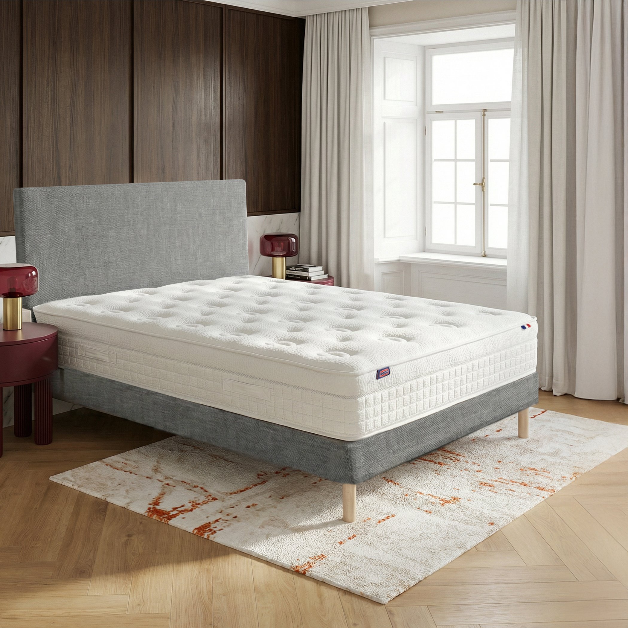 Ensemble lit - Matelas RENAISSANCE + sommier + tête de lit - Gris