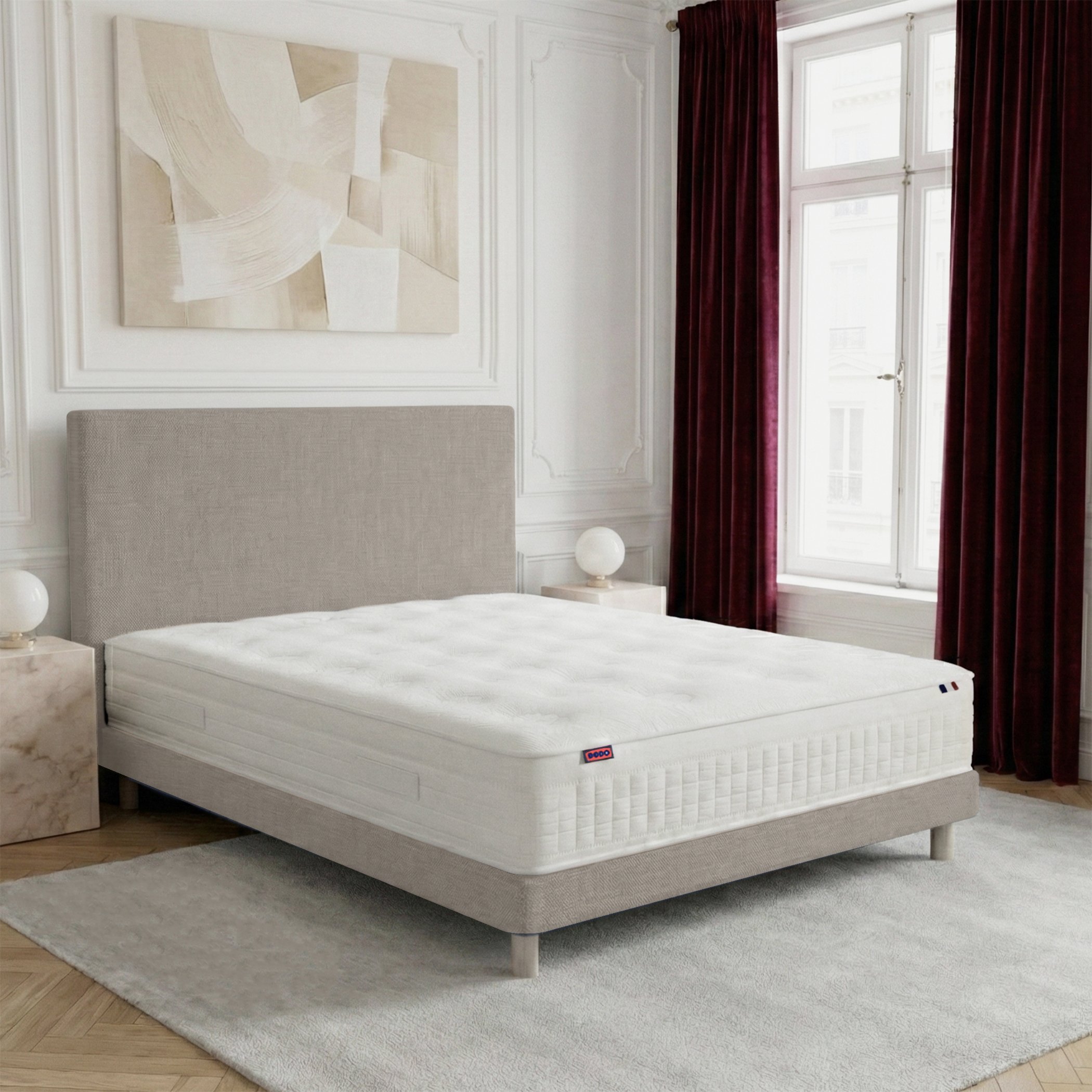 Ensemble lit - Matelas RENAISSANCE + sommier + tête de lit - Beige