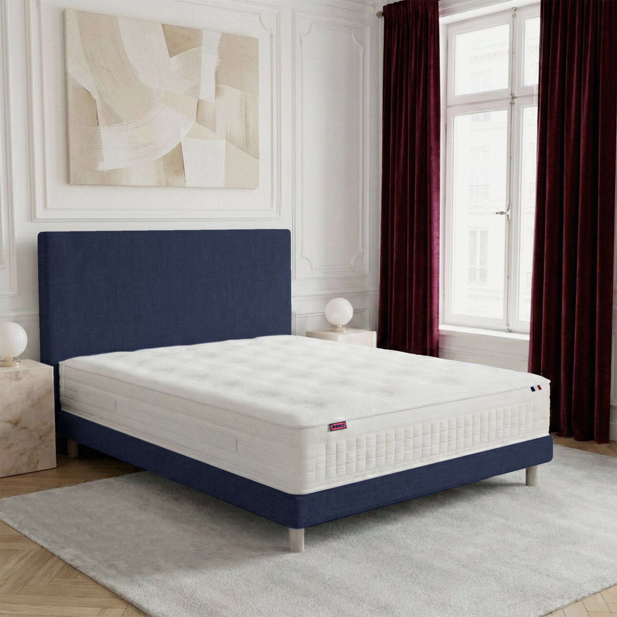 Ensemble lit - Matelas RENAISSANCE + sommier + t&ecirc;te de lit - Bleu