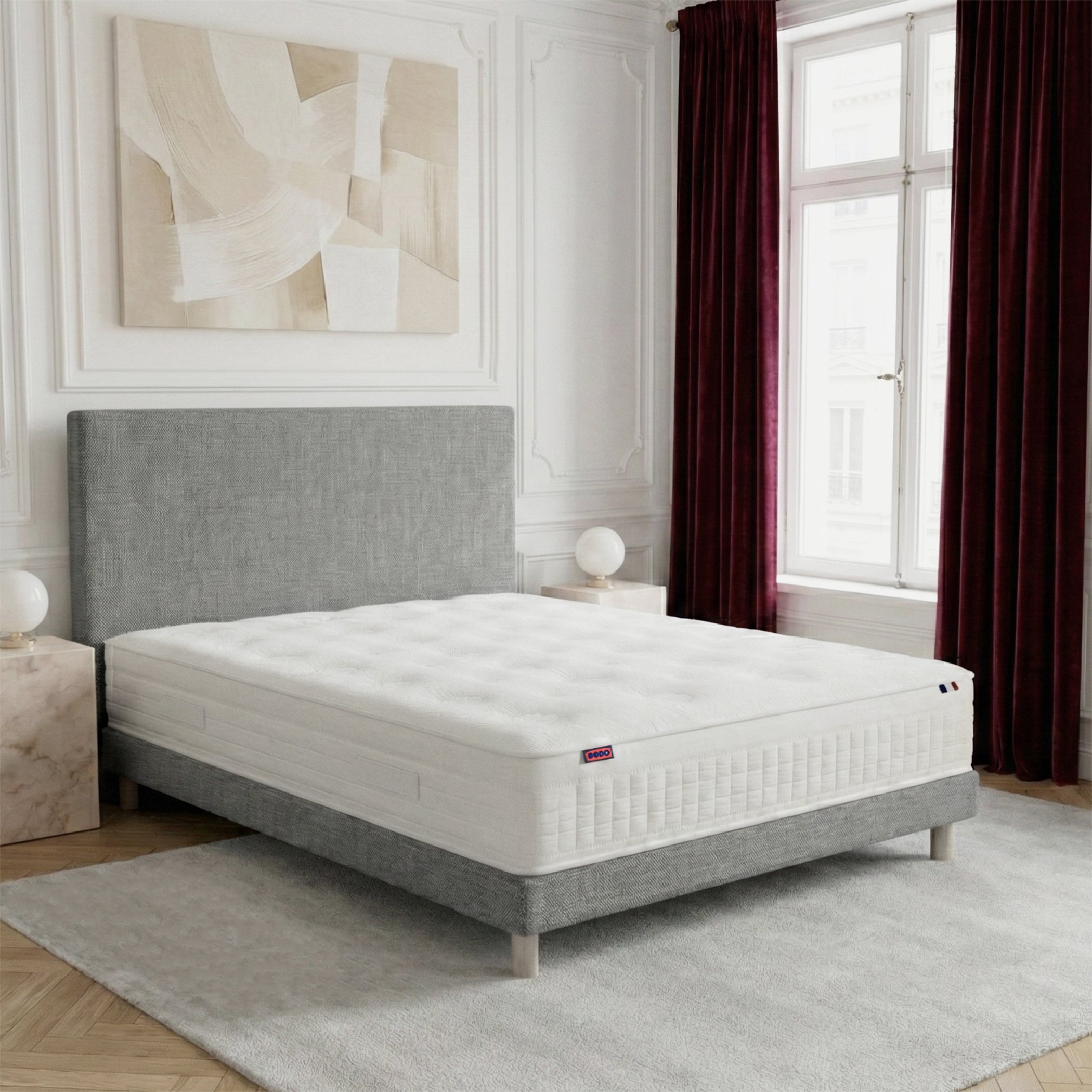 Ensemble lit - Matelas RENAISSANCE + sommier + tête de lit - Gris