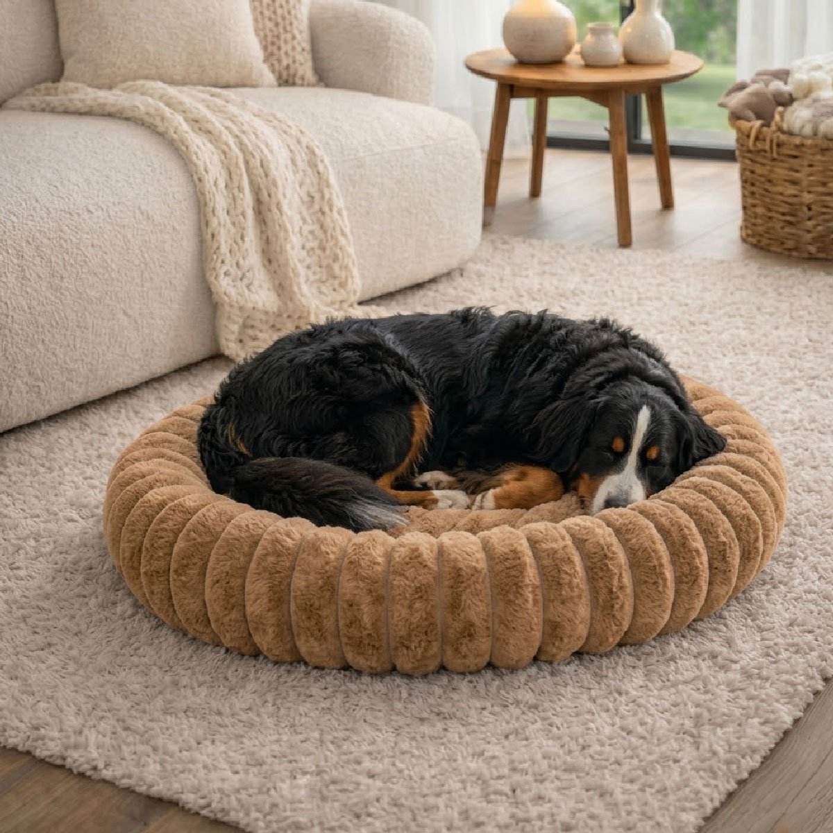 Panier chien et chat moelleux rond – coloris caramel